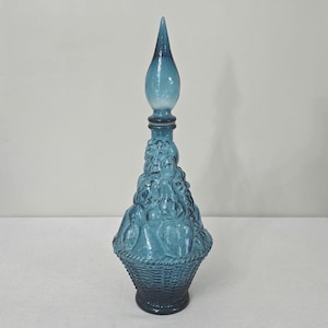 Vintage Empoli Italian Blue Glass Fruit Basket Genie Bottle Decanter With Pointed Stopper Made In Italy
