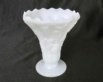 Vintage Milk Glass Vase, Harvest Grape Pattern, Scalloped Rim Mid Century Pedestal Planter