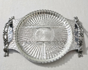 Vintage Rodney Kent Hammered Aluminum Relish Tray With Glass Insert #443, Floral Hand Wrought Platter