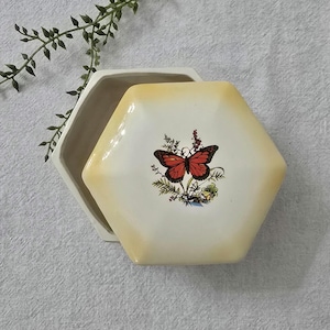 Vintage Butterfly And Floral Motif Ceramic Hexagon Shaped Trinket Box