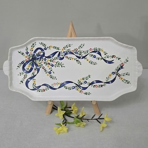 Vintage Hand-Painted Portuguese Ceramic Platter With Ribbon And Floral Design Rectangular Serving Tray Artist Signed