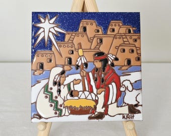 Vintage 1999 Earthtones Desert Manger Tile Trivet, Signed KRIT, Southwestern Nativity Art, 6x6 Hand-Glazed Ceramic Wall Decor