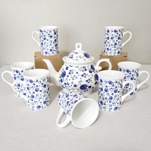 Lavender Field Ceramic Tea Set, 32oz Teapot with 7 Matching Mugs, Blue and Purple Floral Chintz Coffee Service Gift