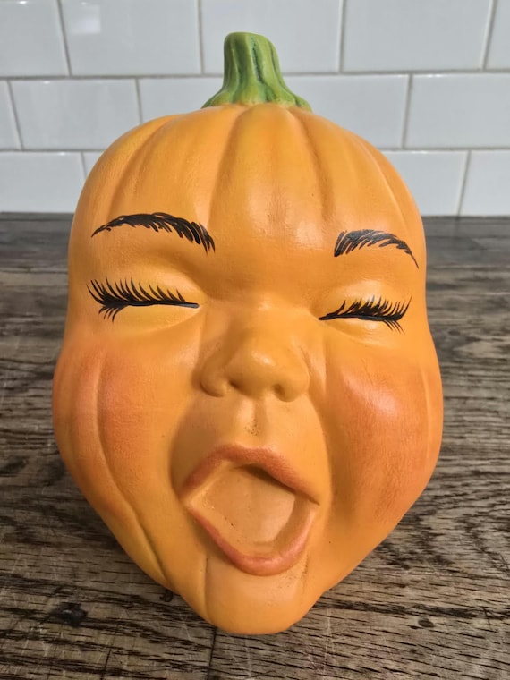 Vintage 1991 Hand Painted Ceramic Yawning Baby Face Pumpkin Head