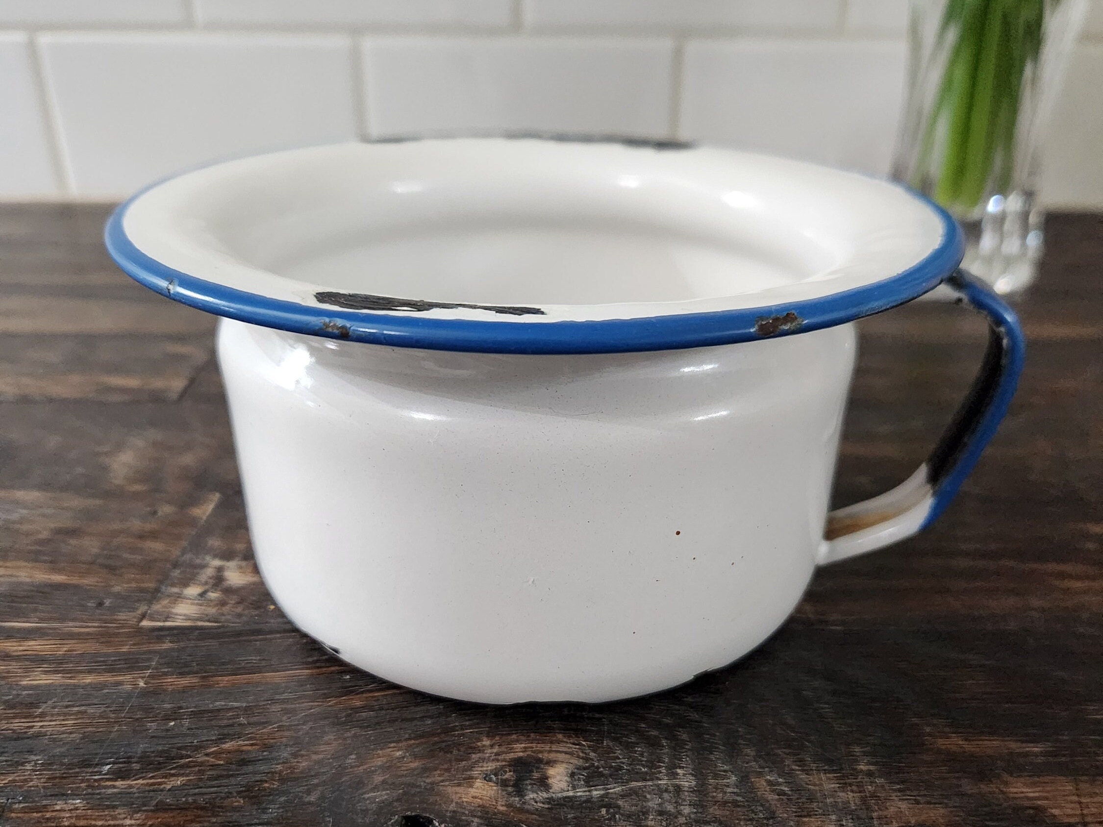 Vintage Enamelware Chamber Pot White With Blue Trim Small Chippy Enamel