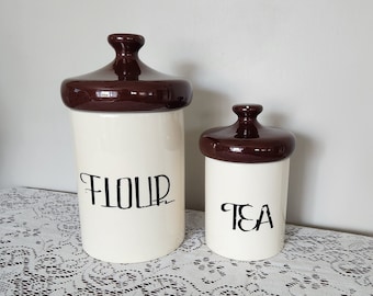 Vintage Holiday Design Ceramic Canisters Flour Canister Tea Canister Mushroom Top Lids 1960