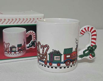 Vintage 1987 The Love Mug Christmas Train Mug With Original Box, Candy Cane Handle Coffee Cup