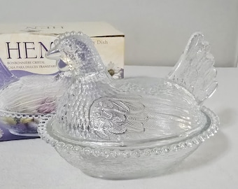 Vintage Indiana Glass Hen On Nest Clear Glass Covered Candy Dish, Beaded Rim With Original Box