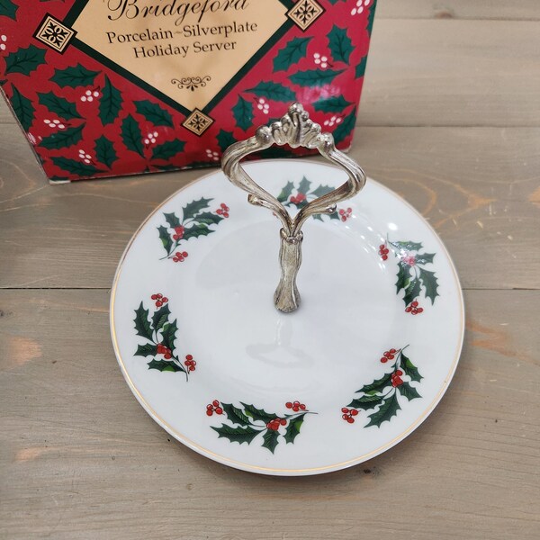 Vintage Bridgeford Porcelain Silverplate Holiday Server Holly Berry Design Tray Candy Dish Tidbit Plate