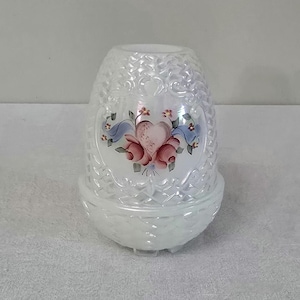 Vintage Fenton White Iridescent Glass Fairy Lamp With Hand-Painted Floral/Heart Design Signed C. Smith
