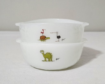 Vintage Fire King BC Comics Milk Glass Bowls Set Of 2, Johnny Hart Marathon Oil Anchor Hocking Promotional Cereal Bowls