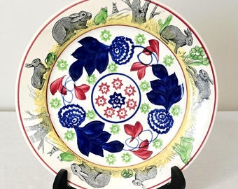 Antique Staffordshire Rabbitware 9 1/4" Plate, Bulls-Eye Stick Spatterware Ironstone c. 1900