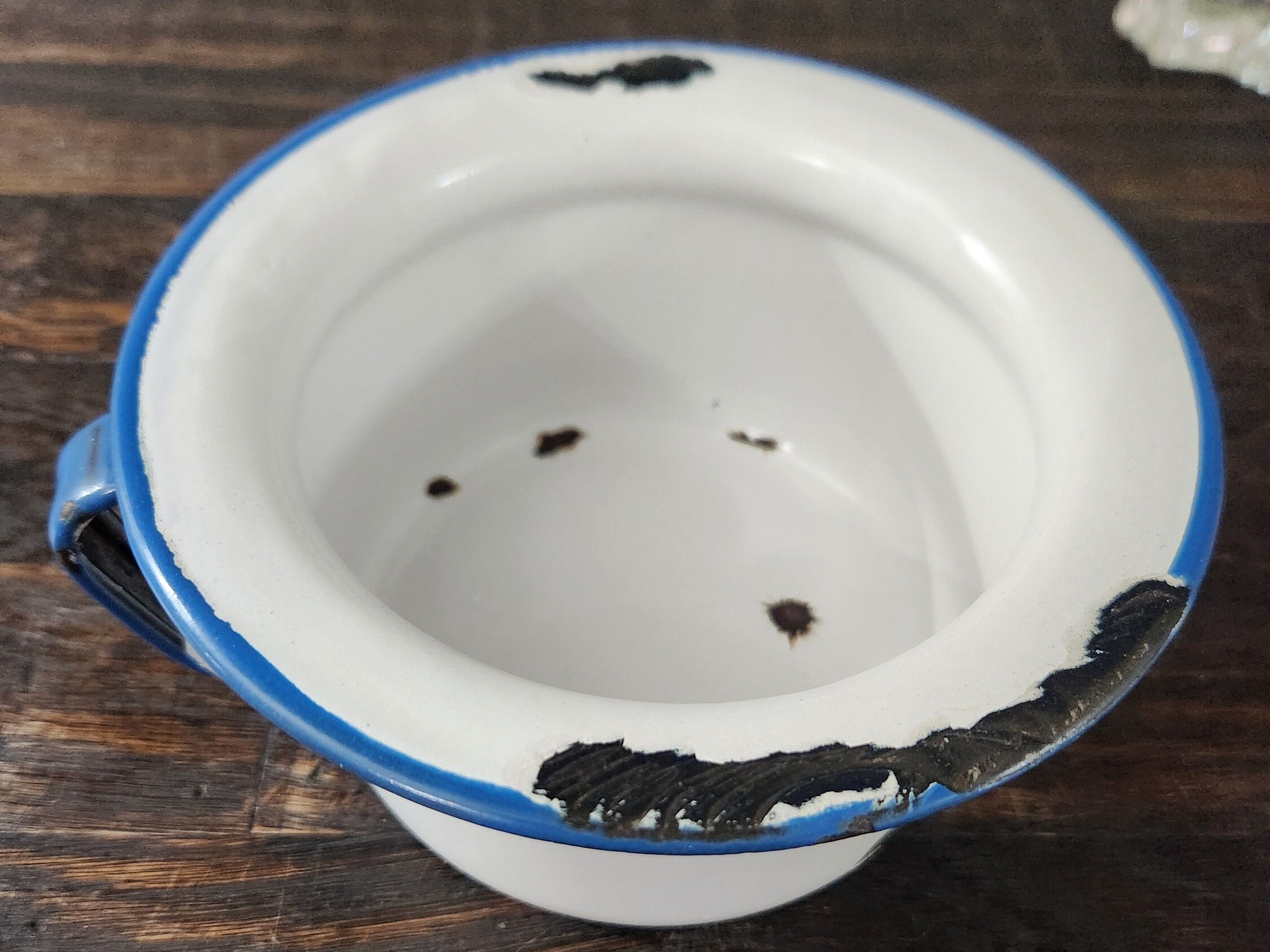Vintage Enamelware Chamber Pot White With Blue Trim Small Chippy Enamel