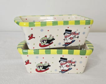 Temptations Winter Whimsy Mini Ceramic Loaf Pans, 12oz Holiday Bakeware, Set Of 2