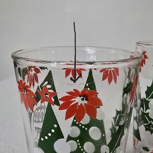 May include: Clear glass tumbler with a festive Christmas design. The tumbler features red poinsettias, green Christmas trees, and white polka dots. The design is repeated around the glass, creating a holiday theme.