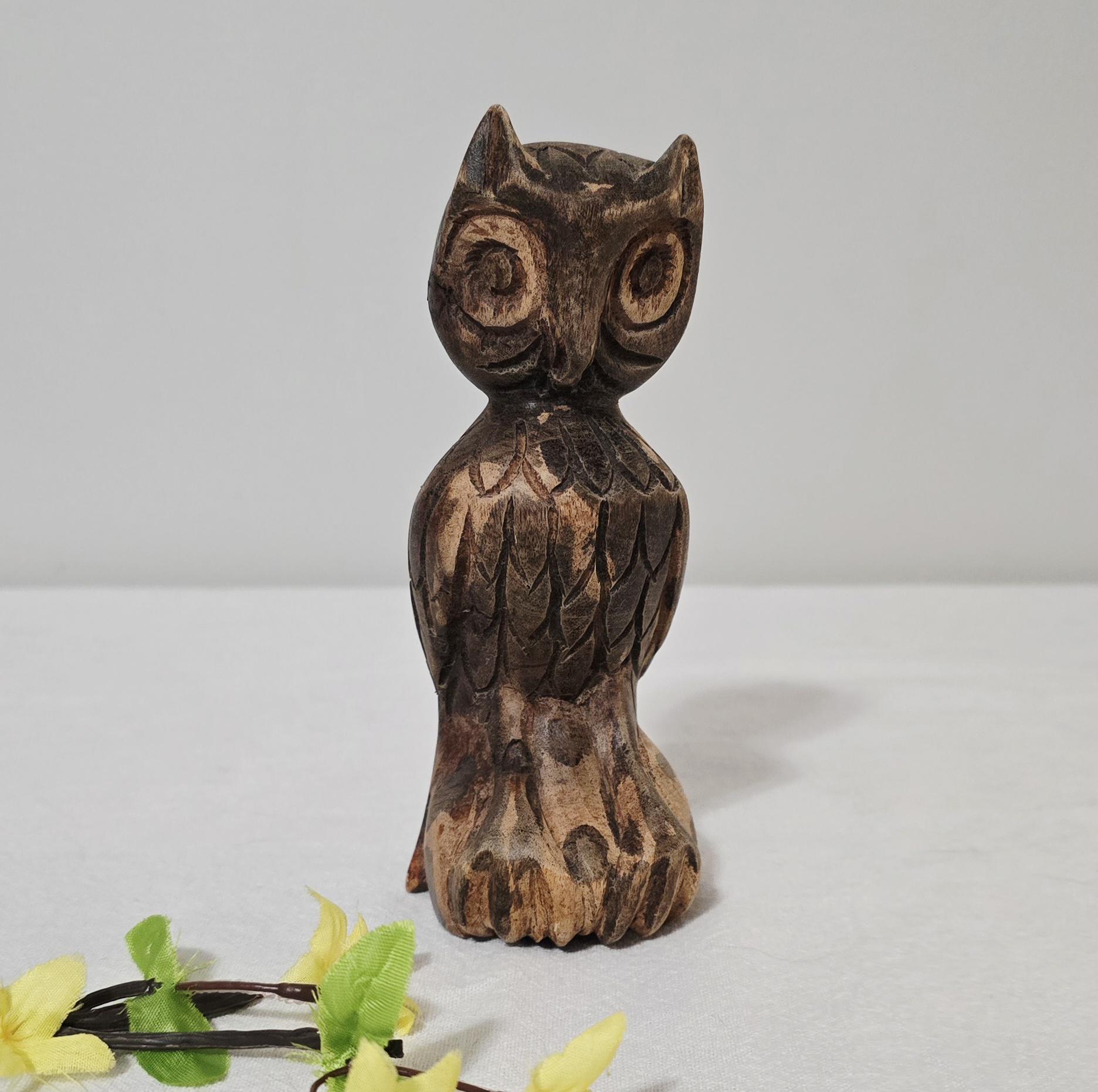 Vintage Hand Carved Wooden Owl Figurine 6 1/4", Mid Century Modern Folk Art Decor, Rustic Wood 