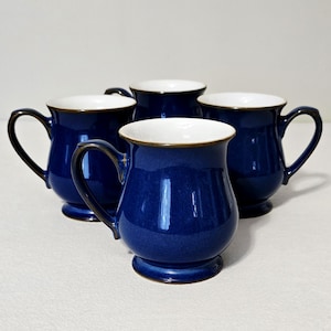 Denby Imperial Blue Craftsman Mugs Set of 4, Cobalt Blue Stoneware Pot Belly Coffee Cups, Vintage English Pottery, Replacement Dinnerware