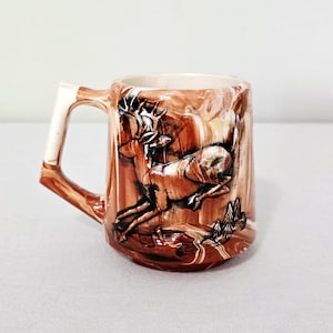 Vintage C&W Ceramic Alaskan 3D Embossed Deer Buck Mug, Brown Swirl Marbled Art Pottery, Rustic Woodsman Cabin Kitchen Decor