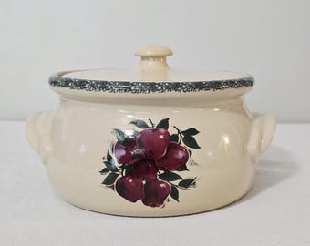 Vintage Home & Garden Party Apple Pattern Stoneware Bean Pot With Lid, Farmhouse Kitchen Crock