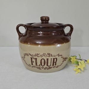 Vintage Monmouth Pottery Stoneware Flour Crock Handled With Maple Leaf Design USA