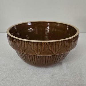 Vintage Brown Glazed Stoneware Crock 10&quot; Mixing Bowl With Picket Fence Pattern