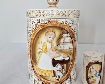 Vintage 1978 Sears Roebuck Pioneer Woman Ceramic Canister and