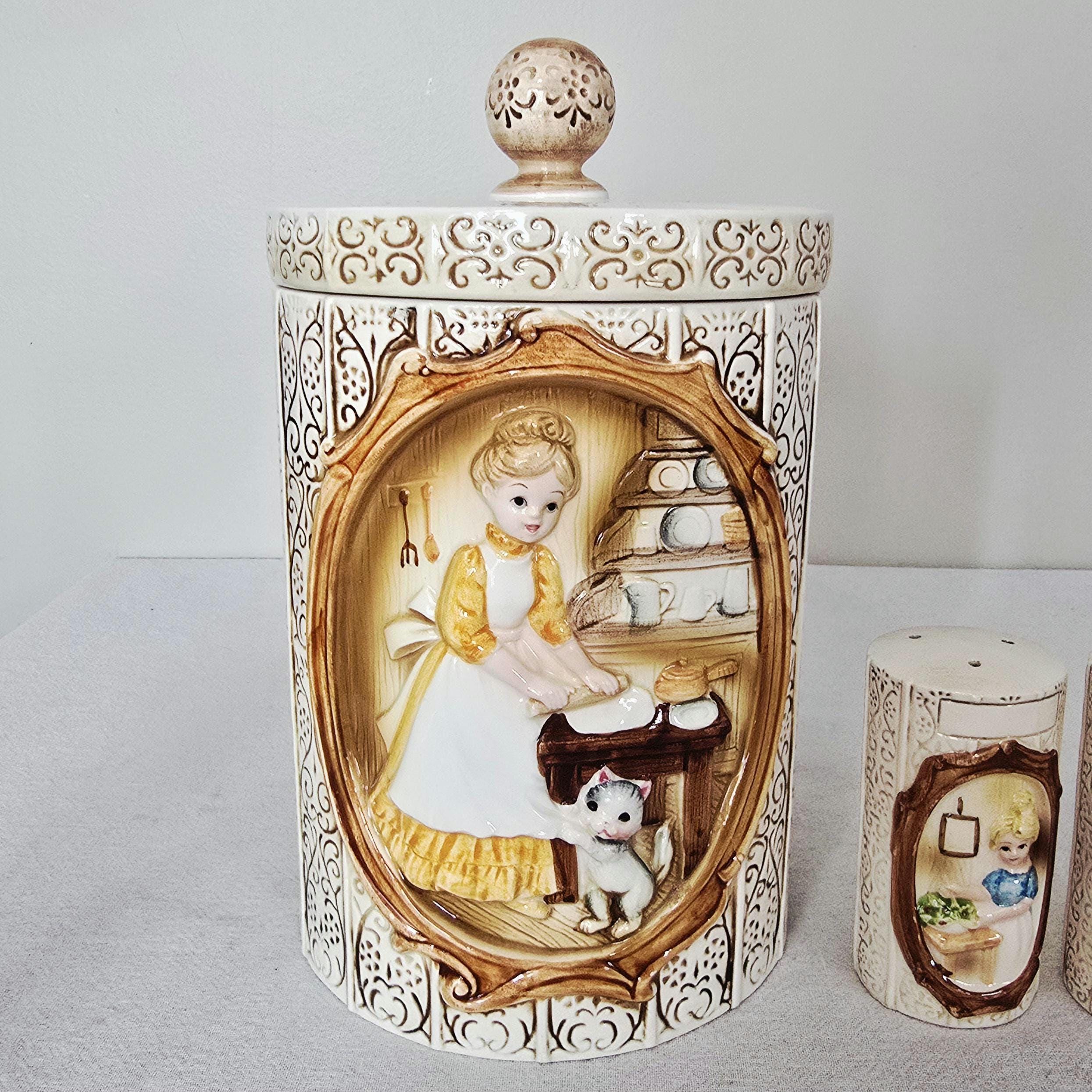 Vintage 1978 Sears Roebuck Pioneer Woman Ceramic Canister and