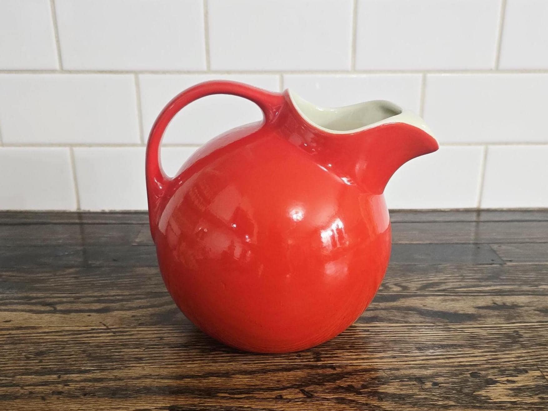Vintage Hall China Red Ball Pitcher 64oz, Mid Century Art Deco