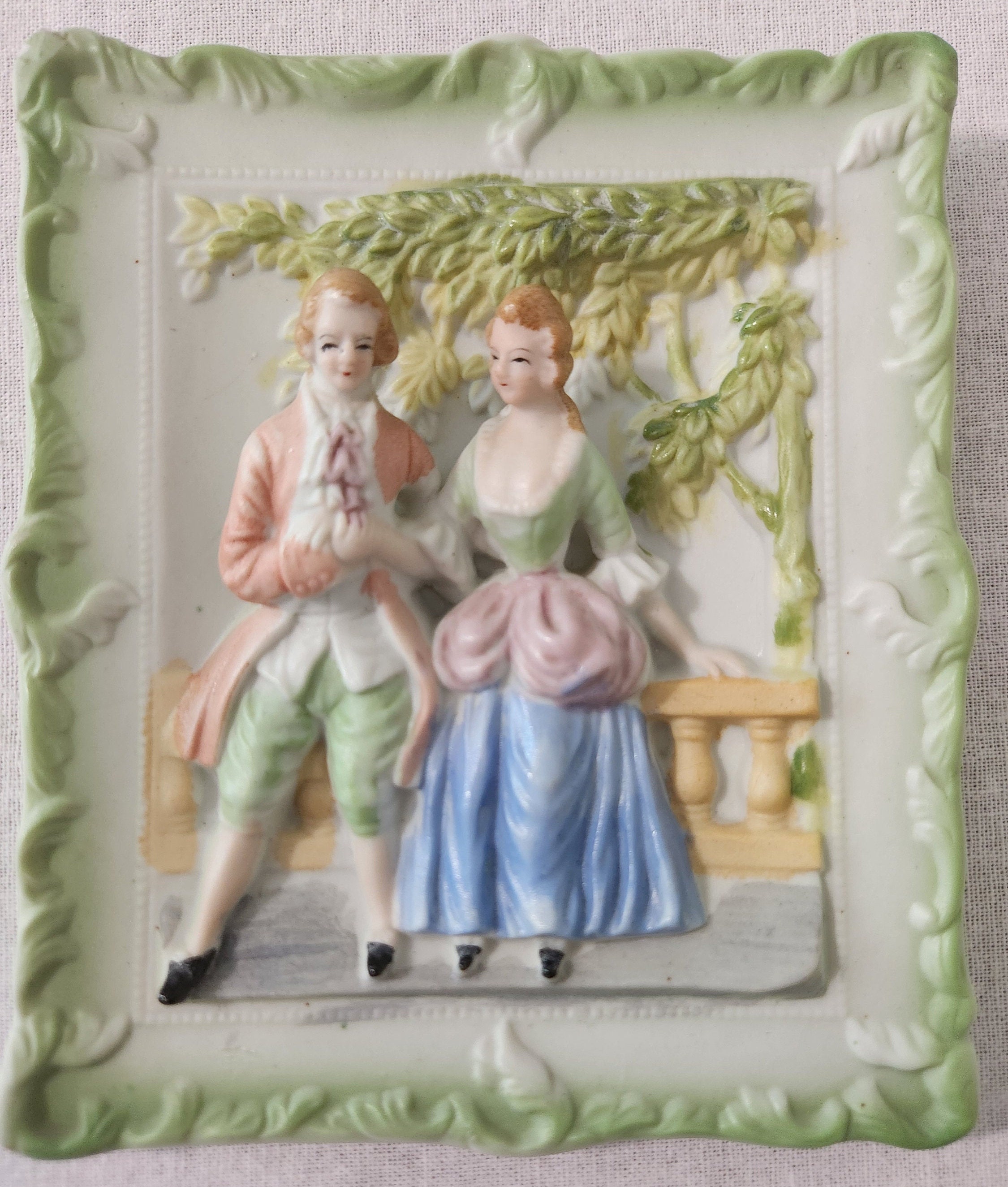 Vintage Occupied Japan Plaque, Victorian Courting Couple 3D Relief