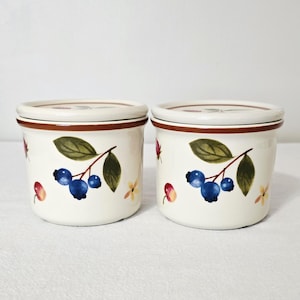Vintage Longaberger Pottery Berry Fruit Medley 1 Pint Crocks With Lids, Set Of 2 Ceramic Jam Jars