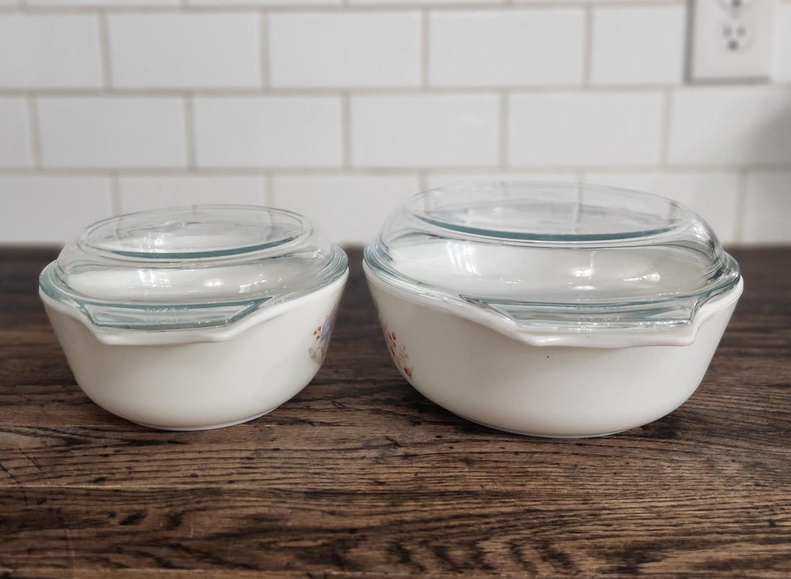 Vintage Pyrex England Blue Iris Casserole Dishes, Set of 2 With Pyrex ...