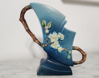 Roseville Pottery Blue Apple Blossom Fan Vase #373-7 Vintage