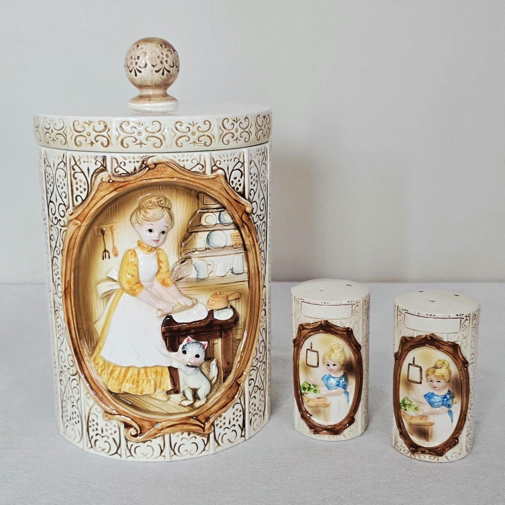 Vintage 1978 Sears Roebuck Pioneer Woman Ceramic Canister and