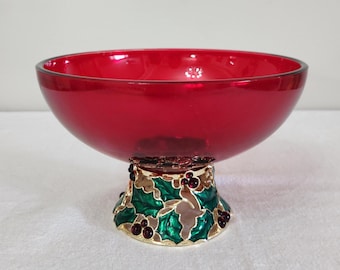 Coupe de Noël vintage Teleflora en verre rouge, centre de table sur pied en forme de houx et de baies, bonbonnière