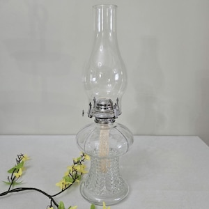 Vintage Lamplight Farms Clear Glass Oil Lamp With Glass Chimney Model #255 Made In Austria Dated 1985
