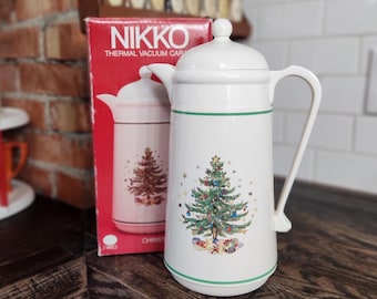 Vintage Nikko Christmas Thermal Vacuum Carafe In Original Box, 1 Liter Christmas Tree Coffee Pitcher Thermos