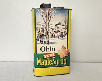 Vintage Ohio Pure Maple Syrup Tin Graphic Metal Syrup Can