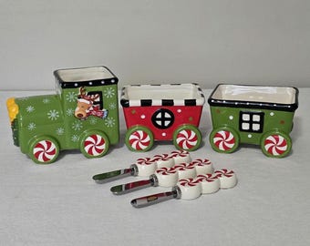 Temp-Tations By Tara Winter Whimsy Christmas Appetizer Train Set 6 Piece, Holiday Ceramic Dip Bowls With Spreaders