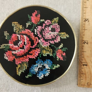 Vintage Compact Mirror Needlepoint Design Hand Held Pocket Mirror Rose Point Hideaway Mirror image 10