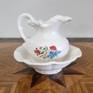 Vintage McCoy Pottery Small Pitcher And Wash Bowl Basin Set With Floral Design