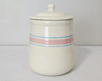 Vintage McCoy Pottery Pink & Blue Stripe Canister, 9" Stonecraft Jar With Lid, Farmhouse Kitchen Decor