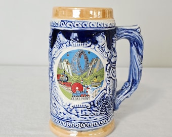 Vintage Cedar Point Ceramic Beer Stein, Cobalt Blue Lusterware Souvenir Mug, Made In Japan