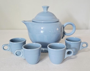 Fiesta Periwinkle Blue Teapot with 4 Demitasse Espresso Cups, Retired Post 86 Fiestaware
