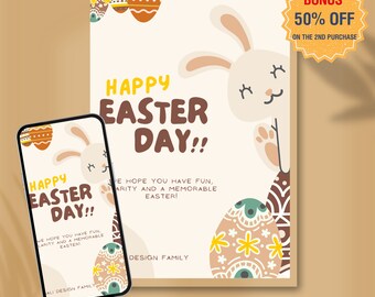 Happy Easter Card Celebration Fun Memorable Easter Bunny Easter Eggs Invitation for Kids Printable and Mobile - Editable Instant Download