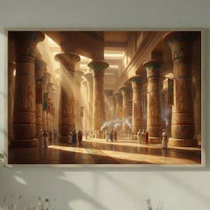 Peut inclure: Une impression encadrée représentant l'intérieur d'un temple antique. L'œuvre présente de hautes colonnes ornées de sculptures détaillées, baignées de lumière solaire traversant la structure. Des personnages sont visibles au loin, ajoutant de l'échelle à la scène.