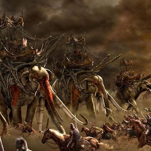 May include: An epic digital painting depicts a battlefield scene with war elephants, riders, and cavalry engaged in combat. The elephants, adorned with ornate structures, charge forward, while riders on horseback clash in the foreground. The sky is filled with dark clouds and a dramatic light.