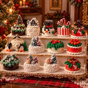May include: A three-tiered white display stand with gold trim holds twelve miniature cakes decorated with Christmas themes, including snow-covered trees, penguins, candy canes, a snowman, and red berries on a white frosting base.