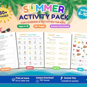 Peut inclure: Un pack d'activités estivales numérique pour les enfants de 6 à 10 ans, comprenant plus de 50 pages de feuilles de travail imprimables avec lecture, bingo, mathématiques et jeux d'observation. Design coloré avec palmes, étoile de mer et pastèque.