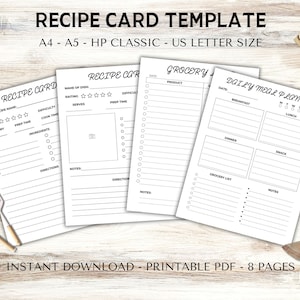 レシピカードテンプレート|印刷可能なレシピカード|印刷可能なレシピブック|レシピテンプレート|食料品リスト|レシピプランナー|レシピカード|週間食事プランナー