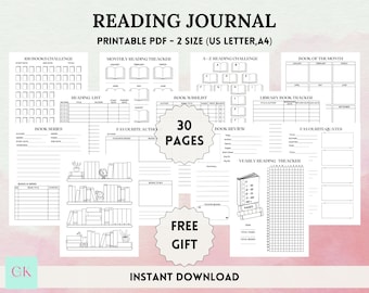 May include: A printable reading journal with various templates for tracking books, including a 100 books challenge, monthly reading tracker, and book review pages. The journal is available in US Letter and A4 sizes, with 30 pages and a free gift.